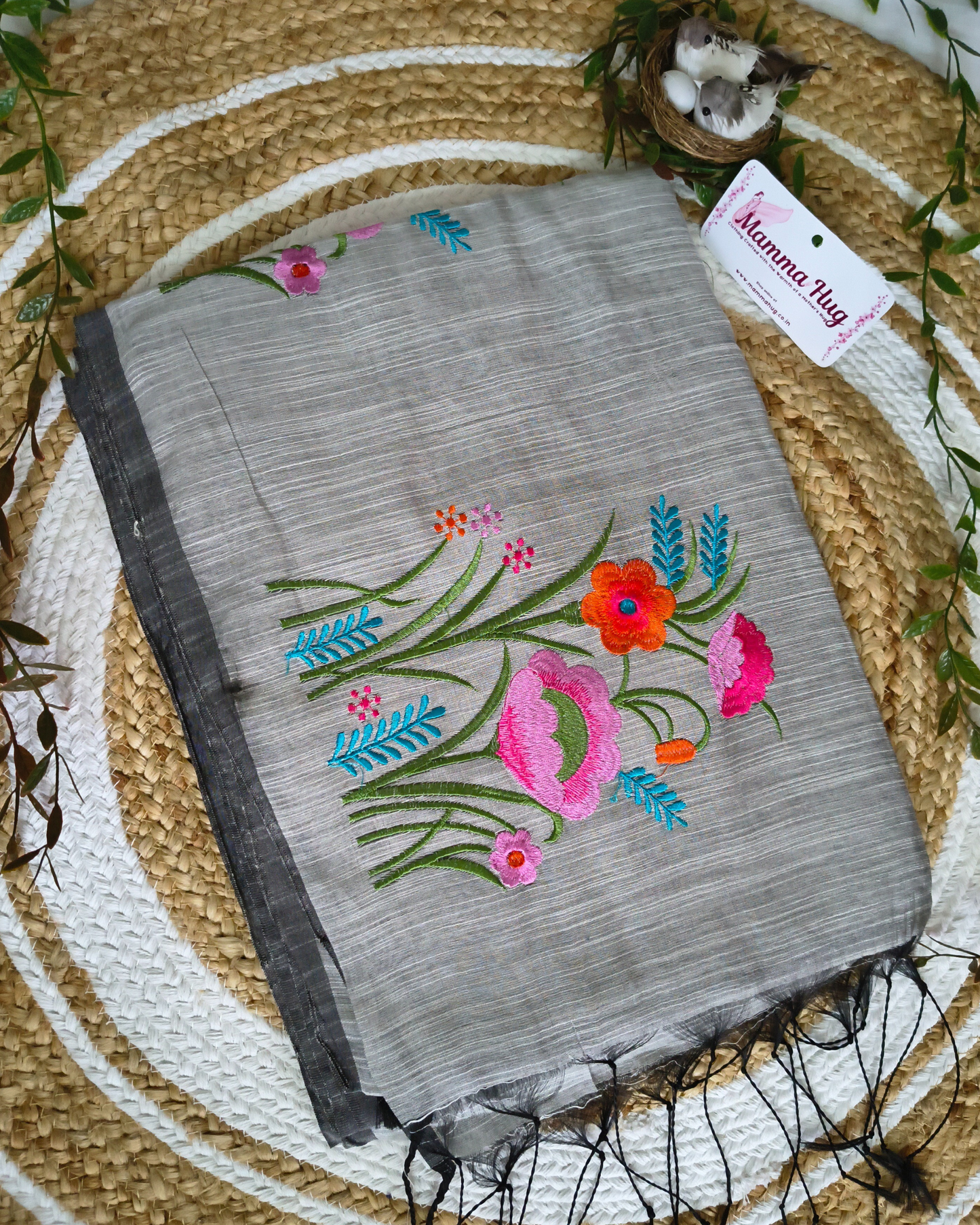 Floral Embroidery Handloom Saree - Slub Cotton (Grey)