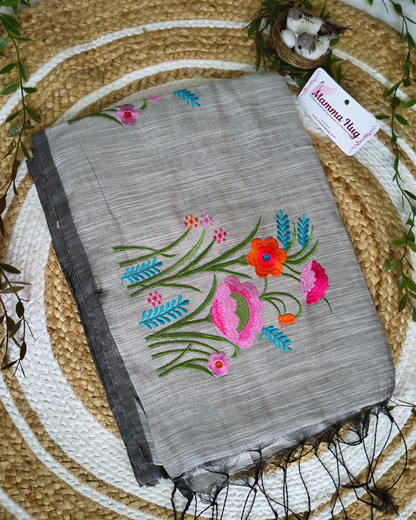 Floral Embroidery Handloom Saree - Slub Cotton (Grey)