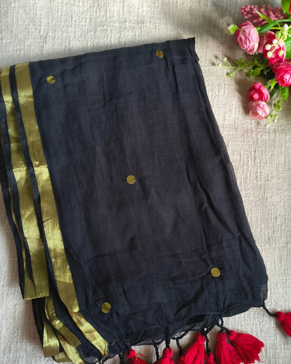 Mul Cotton Handloom Saree with Coin Design - Black MammaHug