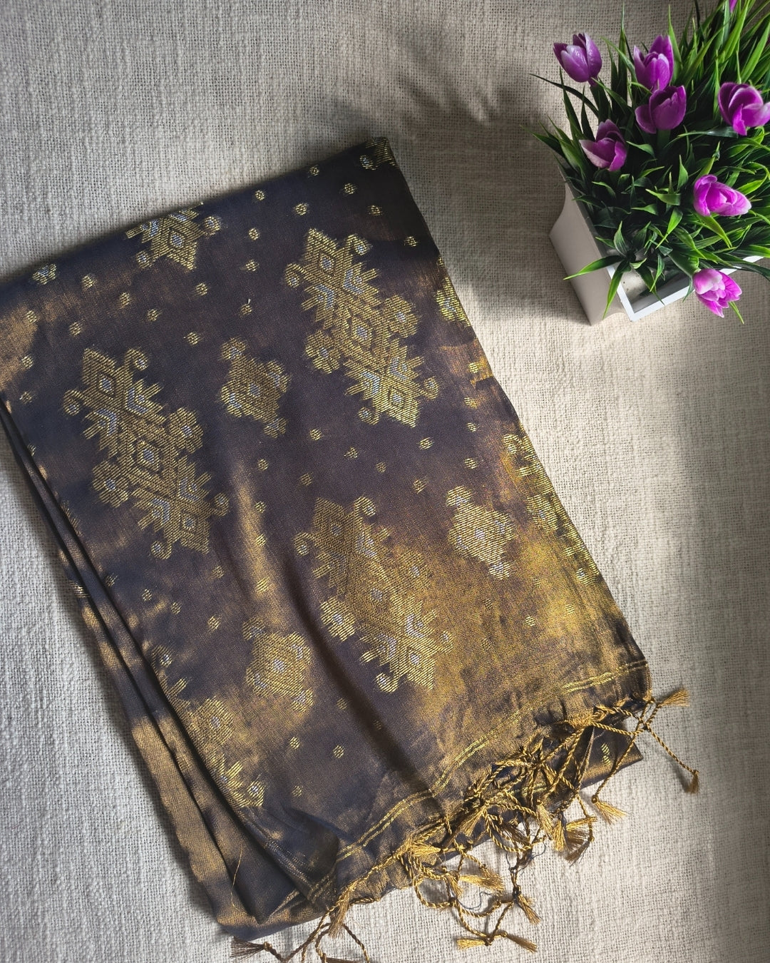 Soft Linen Tissue Saree with Golden Silver Zari weaving - Light Golden Grey MammaHug