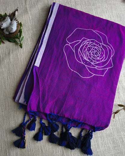 Khadi Cotton Handloom Saree with Printed Floral Design - Dark Purple