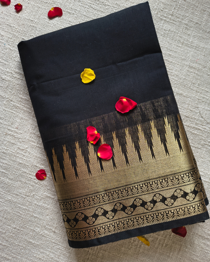 Maheshwari Silk Cotton Saree with Golden Temple Border – Classic Black MammaHug