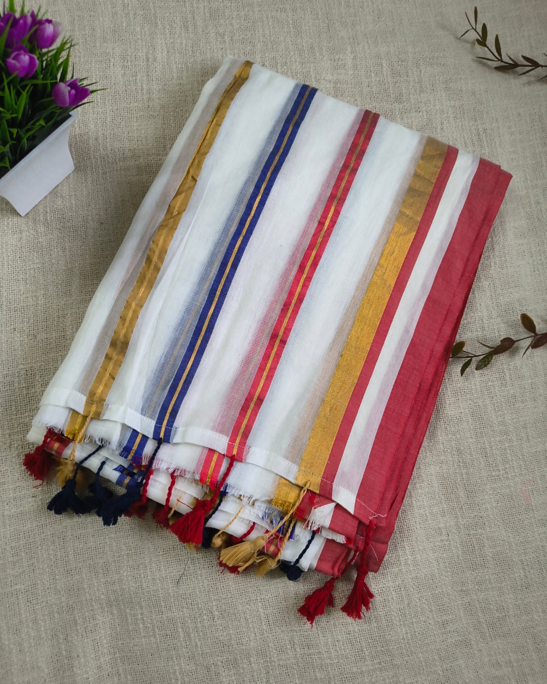 Onam Sarees - 120 tc Mul Cotton Handloom Saree - Multi Color Golden Stripes