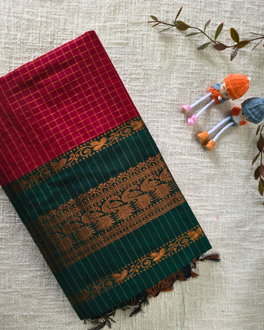 Premium Kalyani Cotton checked with Zari Border - Red