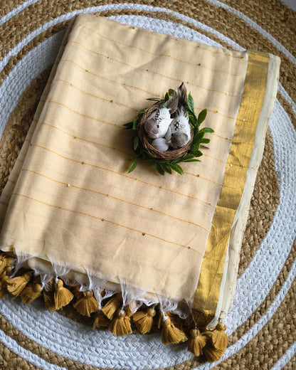 Handloom Mul Cotton Saree with Golden Stripes, Border and Sequence in Pallu - Sandal