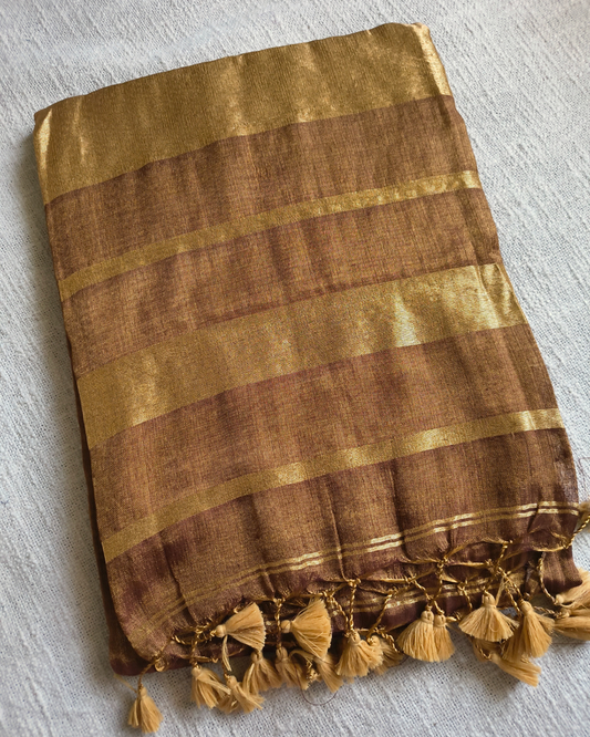 Soft Linen Tissue Saree Plain - Golden Chocolate MammaHug