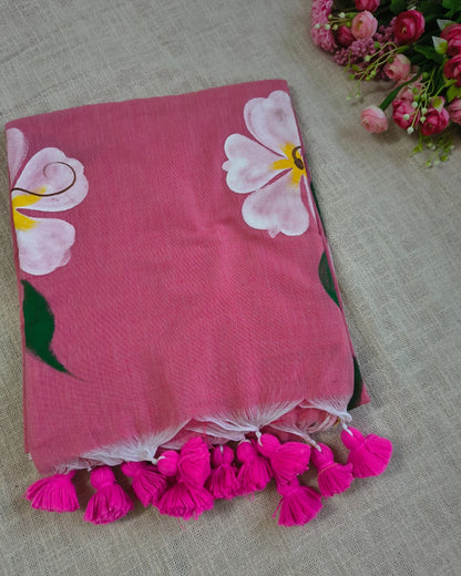 Soft Cotton Handloom Saree with Hand-Painted Floral Design - Pastel Pink