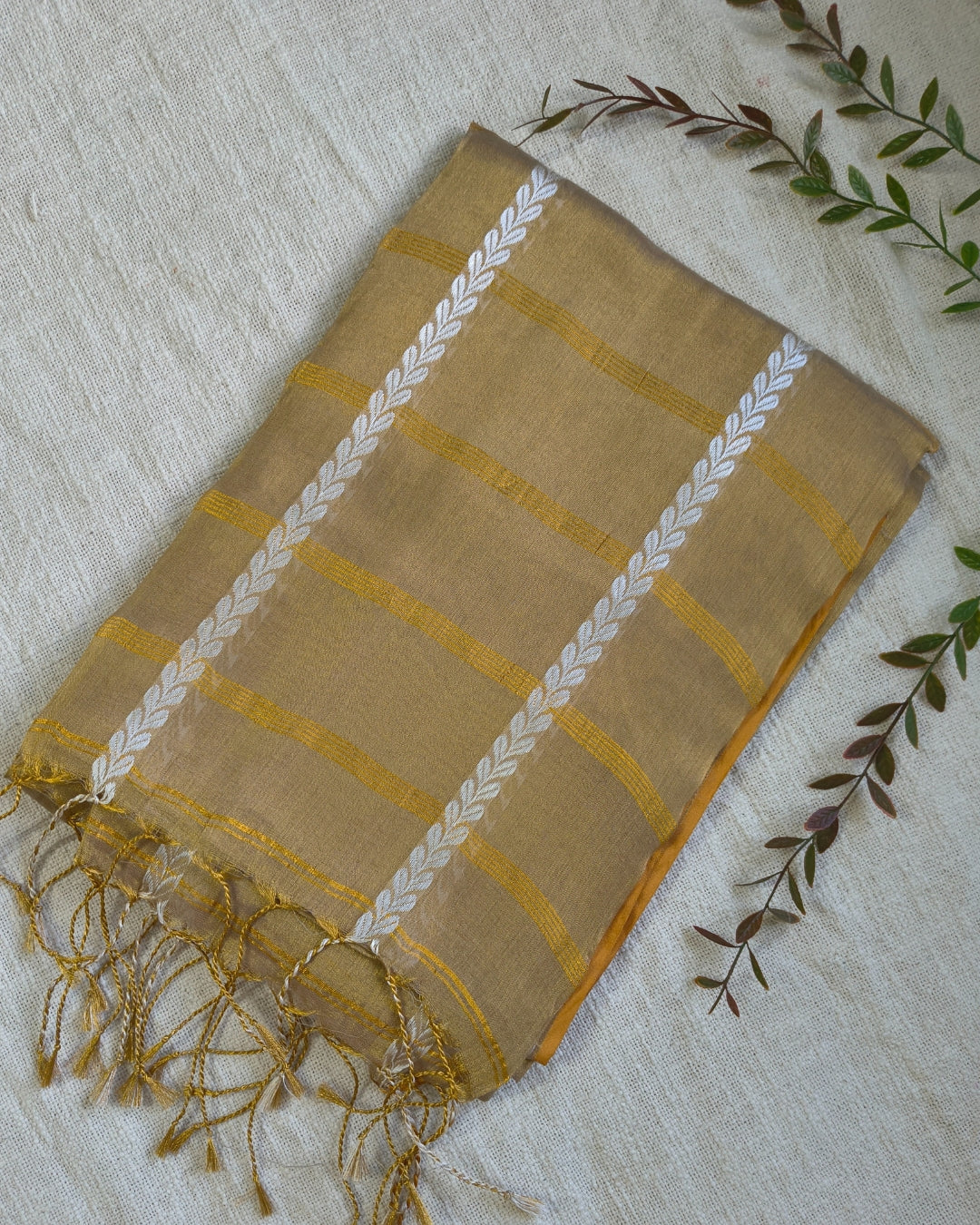 Soft Linen Tissue Saree with Golden Zari weaving - Golden