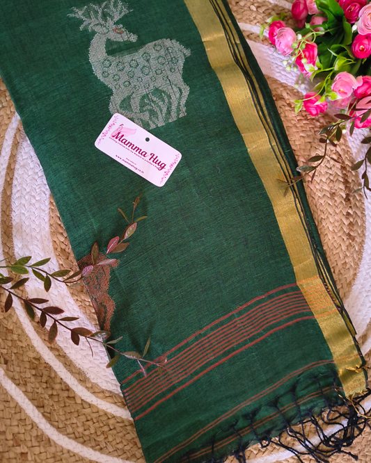 Premium Linen By Linen Handloom Saree - Bottle Green