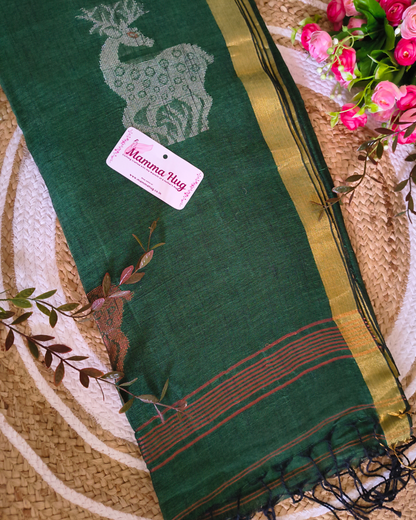 Premium Linen By Linen Handloom Saree - Bottle Green