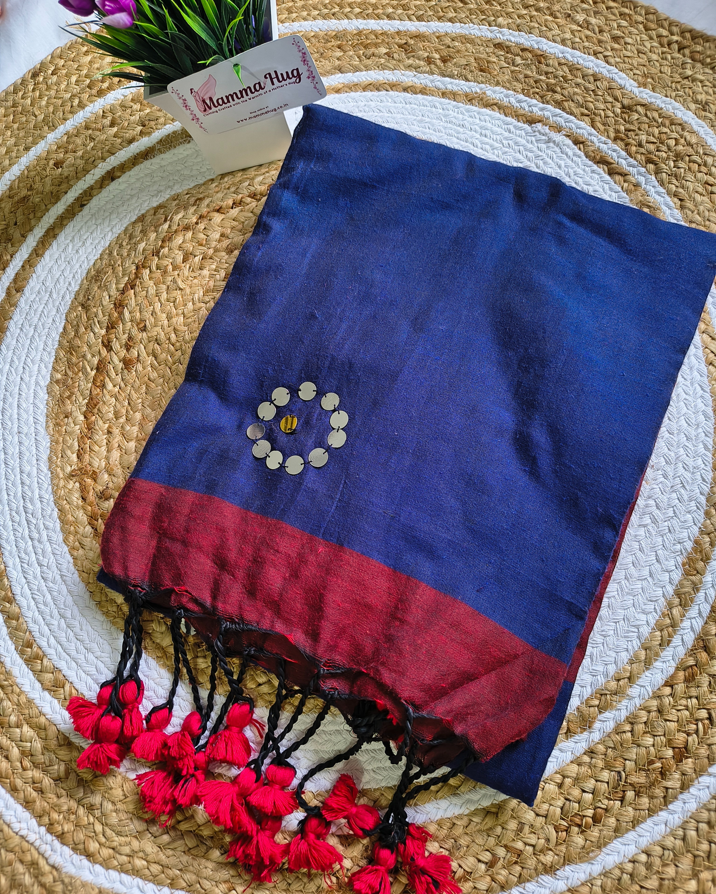 Khadi Cotton Handloom Saree with Mirror design - Dark Blue & Crimson