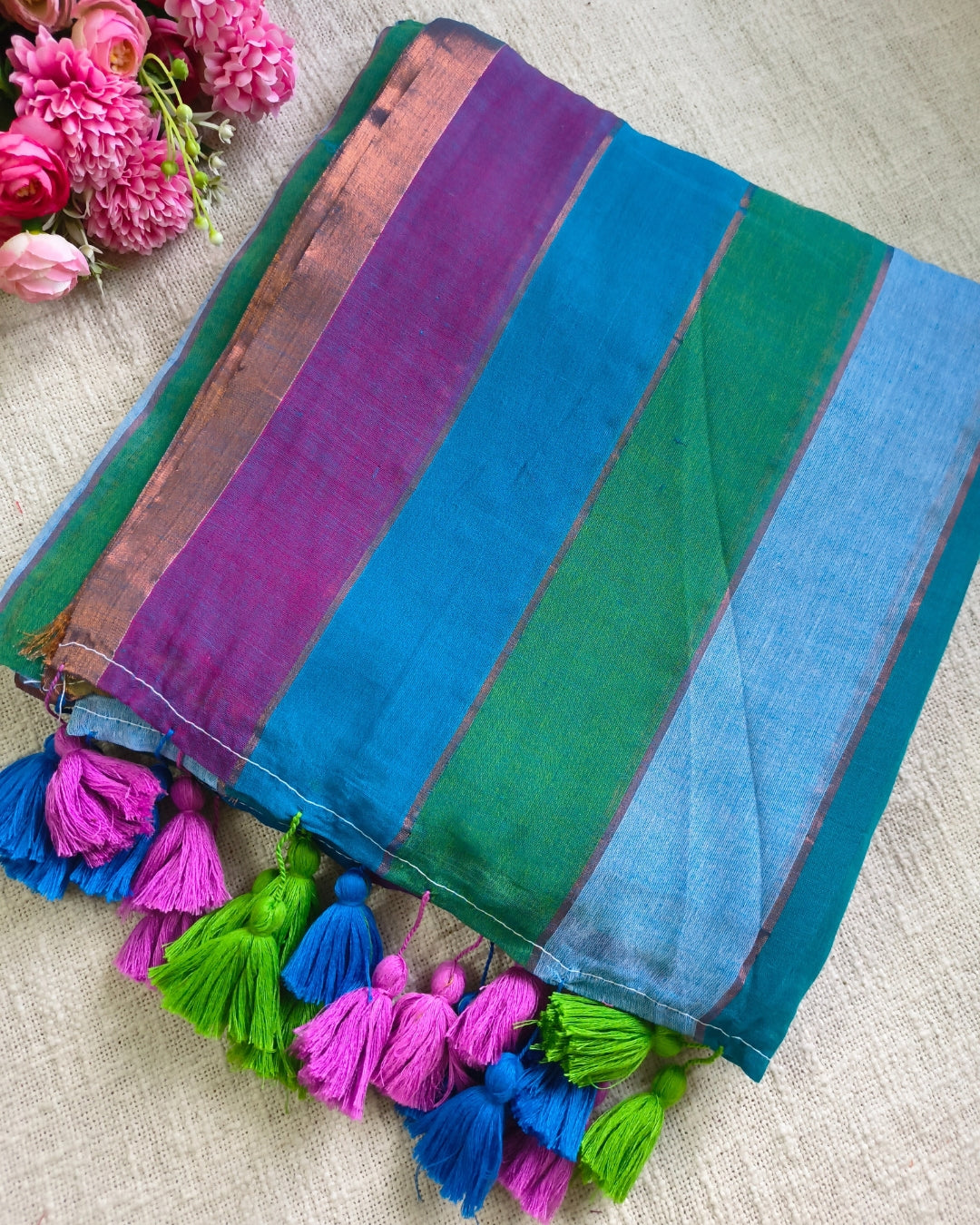 Premium Rainbow Mul Cotton Handloom Saree with Beautiful tassels - Blue