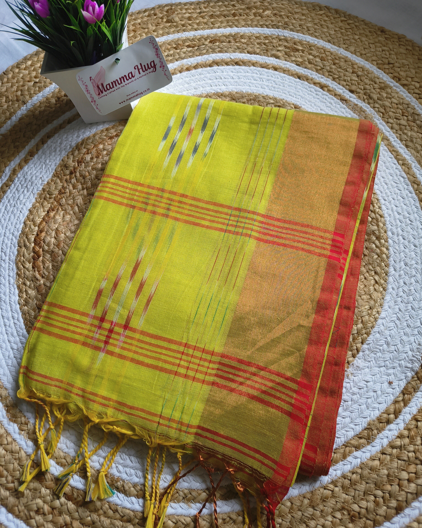 Pure Cotton Handloom Saree with Ikkat Design - Parrot Green