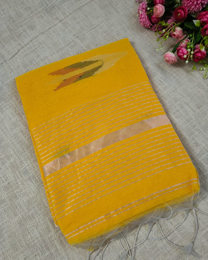 Cotton Silk Handloom Saree Woven with Silver Zari - Mango Yellow