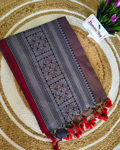 Khadi Tissue Handloom Saree with Thread Woven Border - Blue with Red