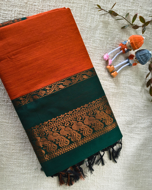 Premium Kalyani Cotton Plain Saree with Zari Border - Orange