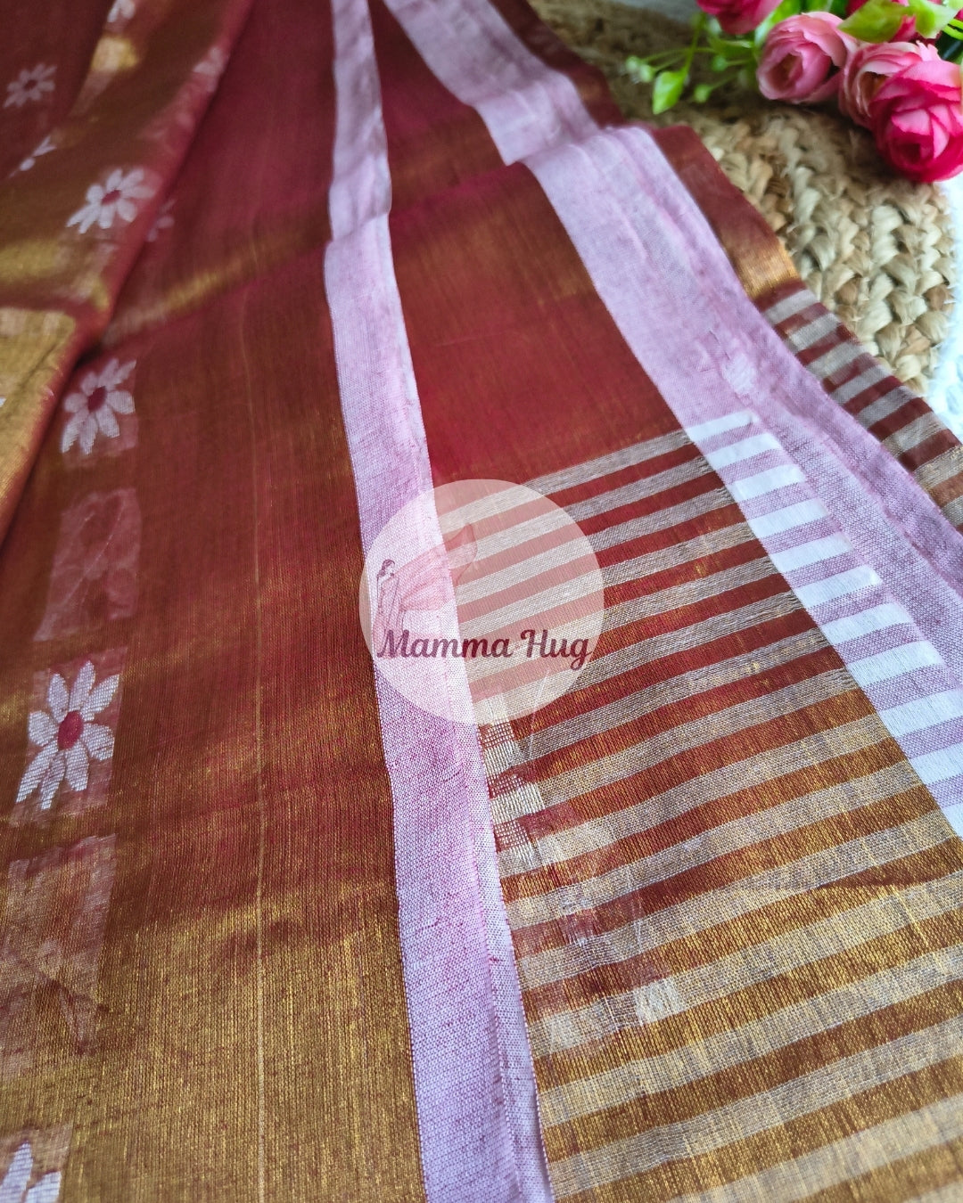 Handloom Cotton Tissue Saree with Machine Embroidery Design - Red
