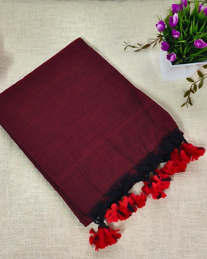 Khadi Cotton Handloom Saree Plain - Maroon