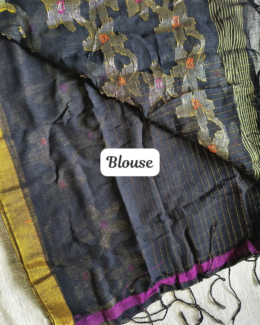 Linen By Linen Handloom Saree Floral Jamdhani Weaving - Black MammaHug