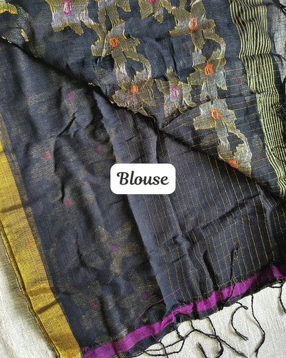 Linen By Linen Handloom Saree Floral Jamdhani Weaving - Black MammaHug