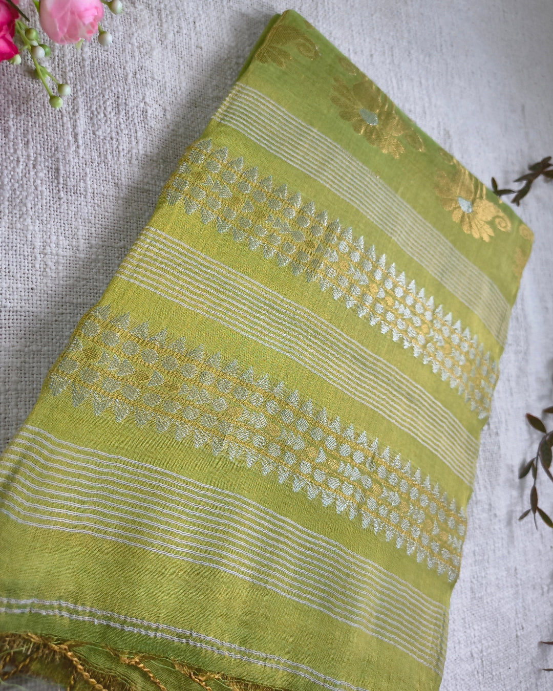 Soft Linen Tissue Saree with Golden Silver Zari weaving - Light Green
