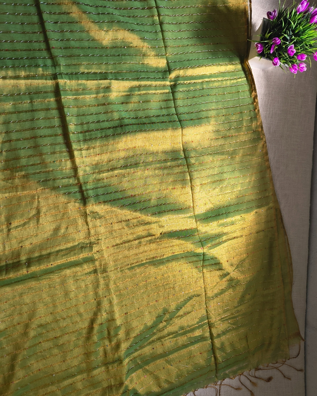 Soft Linen Tissue Saree with Sequins- Green MammaHug