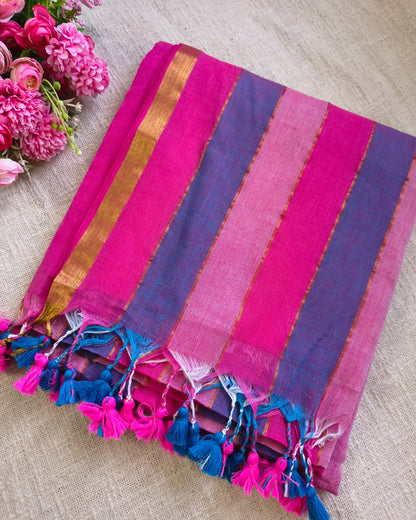 Premium Rainbow Mul Cotton Handloom Saree with Beautiful tassels - Pink