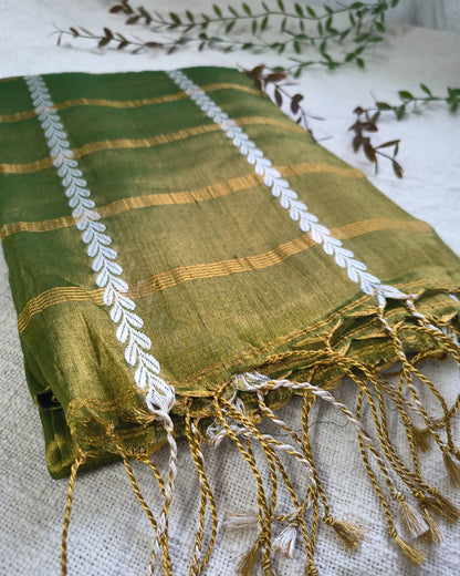 Soft Linen Tissue Saree with Golden Zari weaving - Olive Green