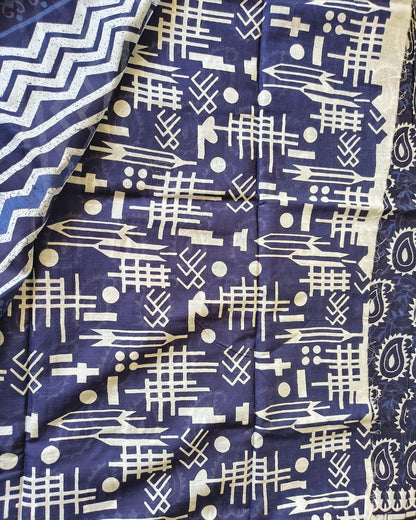 Ajrakh Block Print 120s Mul Cotton Saree - Indigo MammaHug
