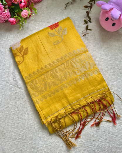 Handloom Metalic Tissue Linen with Jamdhani Weaving Buttas - Mustard Yellow