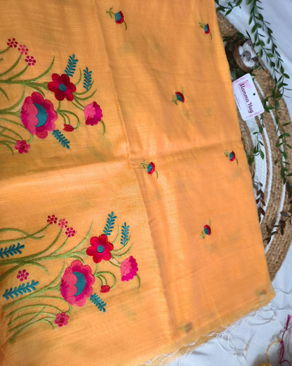 Floral Embroidery Handloom Saree - Slub Cotton (Marigold Mist)