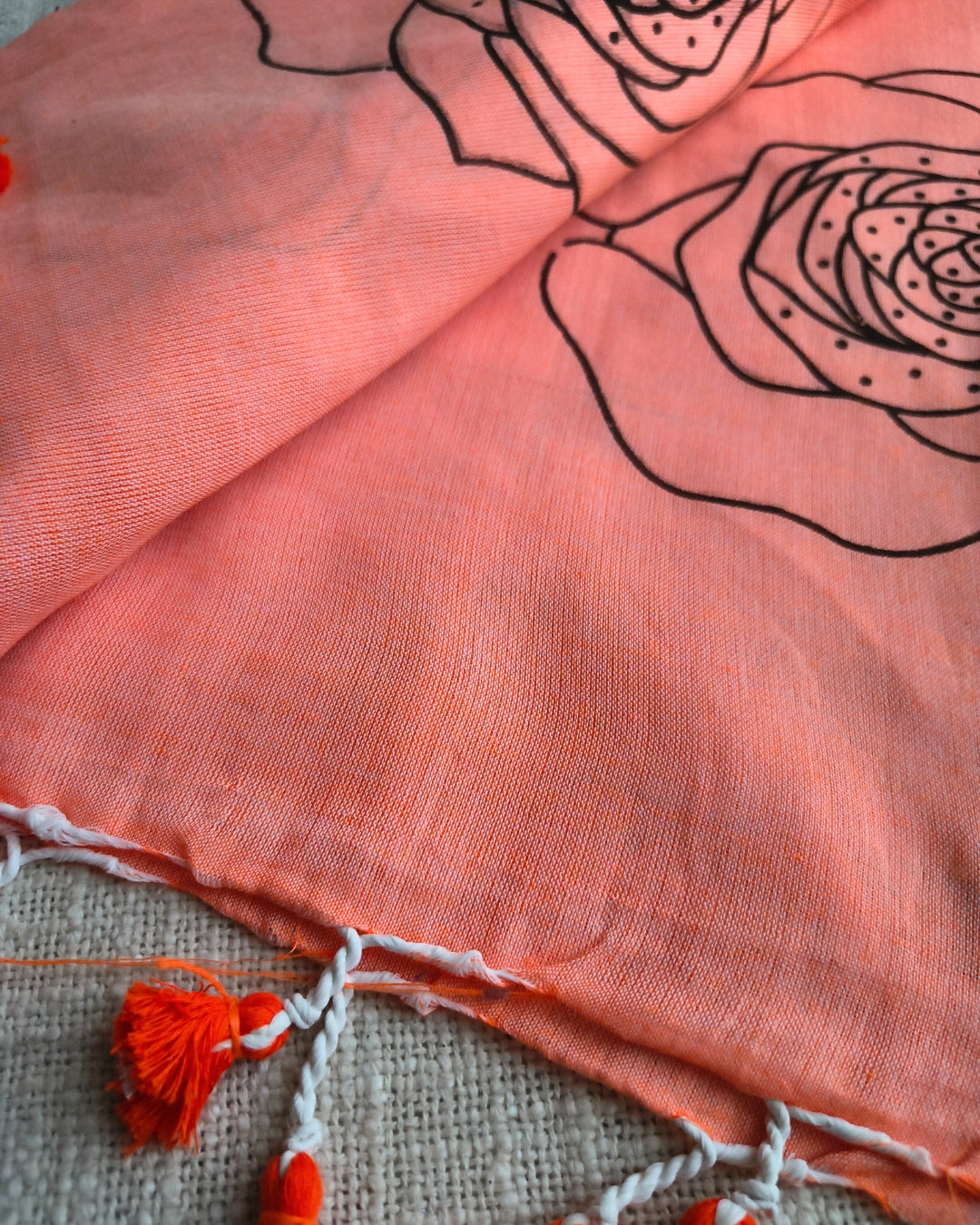 Khadi Cotton Handloom Saree with Printed Floral Design - Light Orange