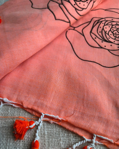 Khadi Cotton Handloom Saree with Printed Floral Design - Light Orange