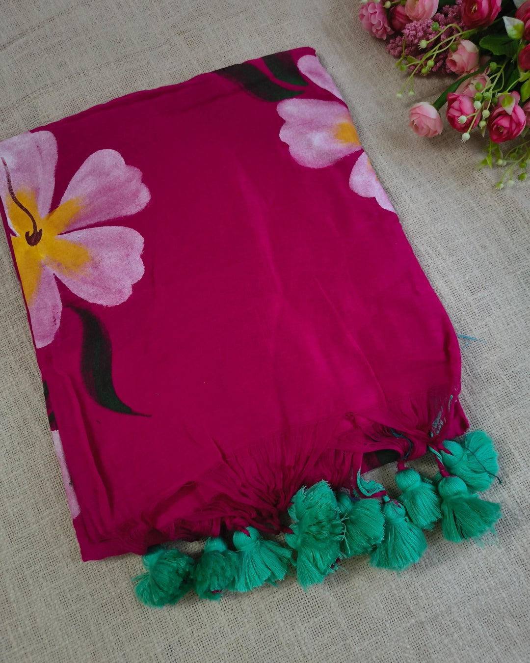 Soft Cotton Handloom Saree with Hand-Painted Floral Design - Rani Pink