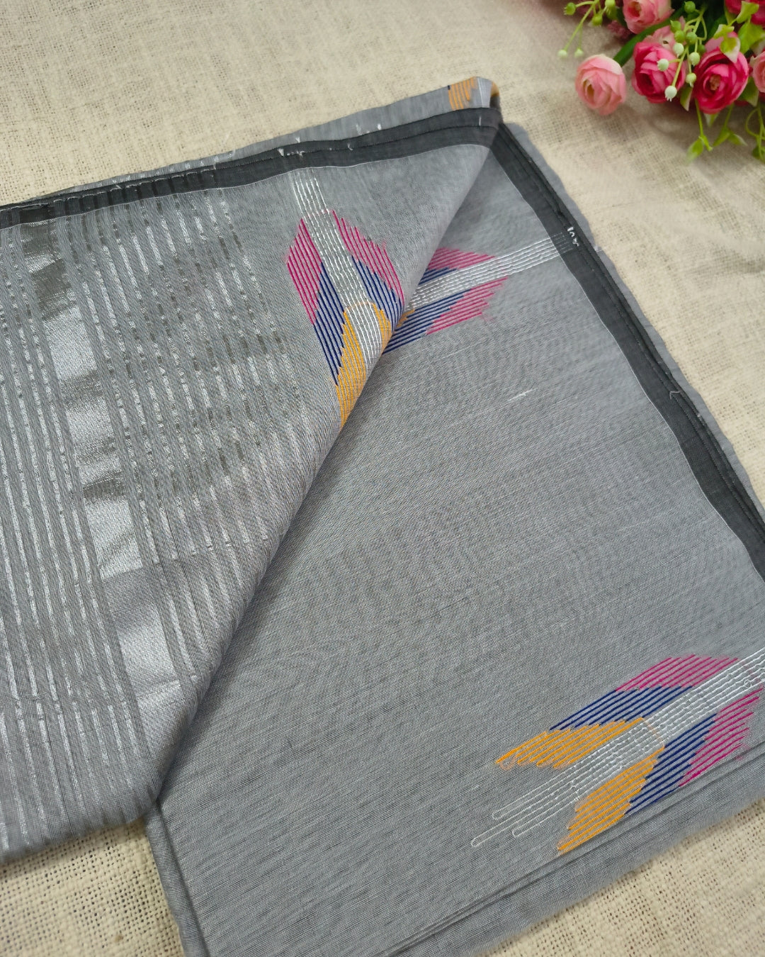 Cotton Silk Handloom Saree Woven with Silver Zari - Grey