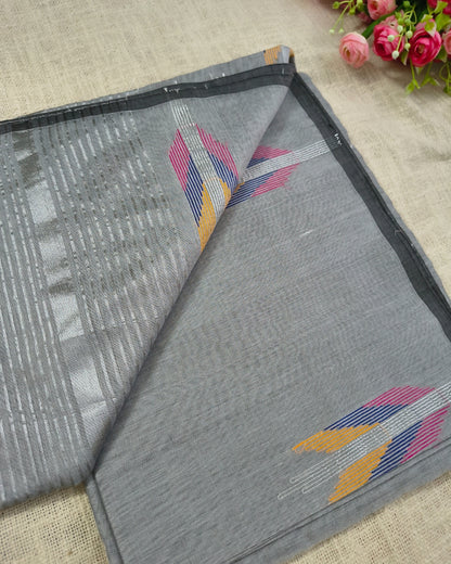 Cotton Silk Handloom Saree Woven with Silver Zari - Grey