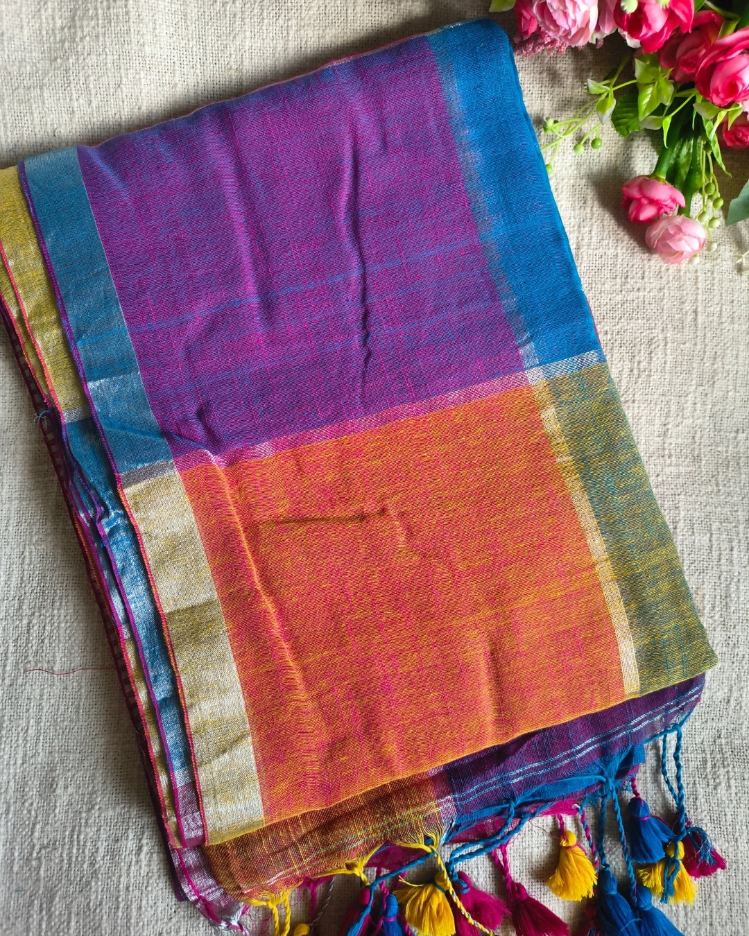 Pure Linen Cotton Handloom Saree Multicolor Checks - Blue & yellow MammaHug