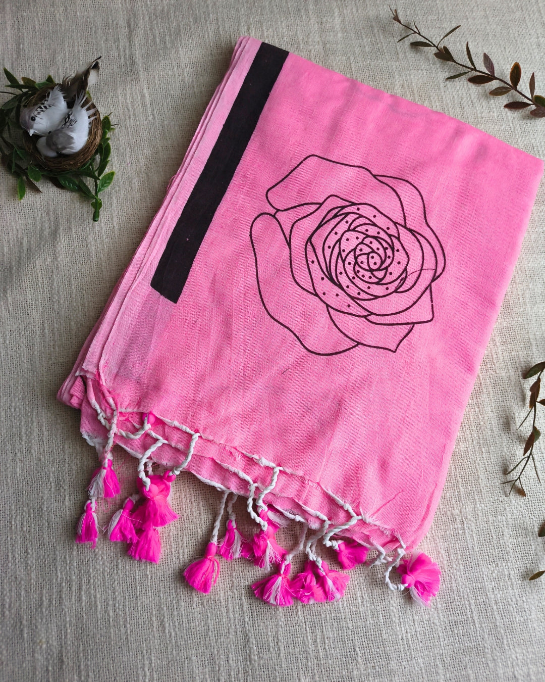 Khadi Cotton Handloom Saree with Printed Floral Design - Baby Pink