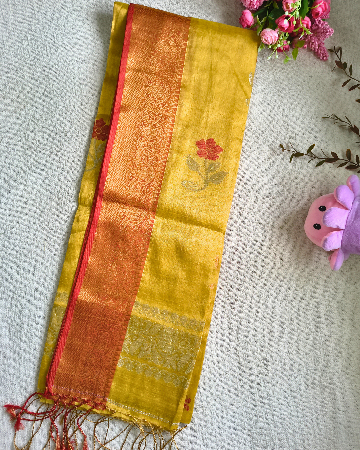 Handloom Metalic Tissue Linen with Jamdhani Weaving Buttas - Mustard Yellow