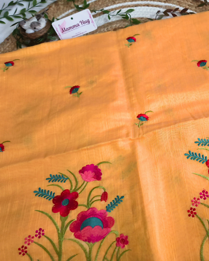 Floral Embroidery Handloom Saree - Slub Cotton (Marigold Mist)