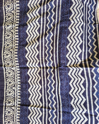 Ajrakh Block Print 120s Mul Cotton Saree - Indigo MammaHug