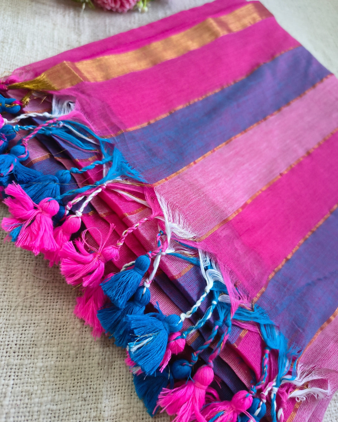 Premium Rainbow Mul Cotton Handloom Saree with Beautiful tassels - Pink