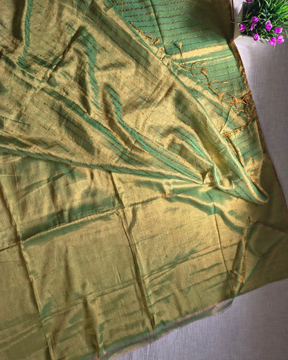 Soft Linen Tissue Saree with Sequins- Green MammaHug