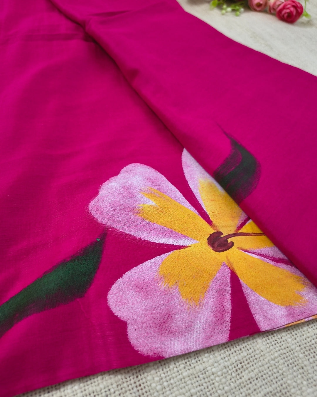 Soft Cotton Handloom Saree with Hand-Painted Floral Design - Rani Pink