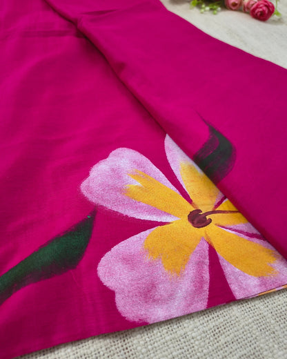 Soft Cotton Handloom Saree with Hand-Painted Floral Design - Rani Pink