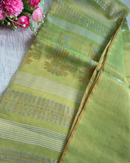 Soft Linen Tissue Saree with Golden Silver Zari weaving - Light Green