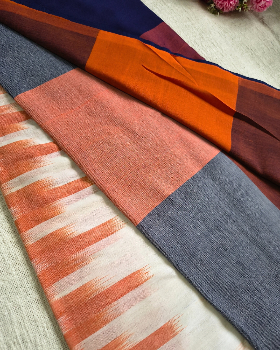 Pure Cottom Handloom Saree - Ikkat Geometry - Orange & Blue