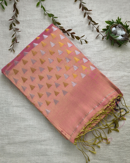 Linen Tissue Saree with Golden Silver Zari weaving - Rose Gold