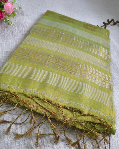 Soft Linen Tissue Saree with Golden Silver Zari weaving - Light Green