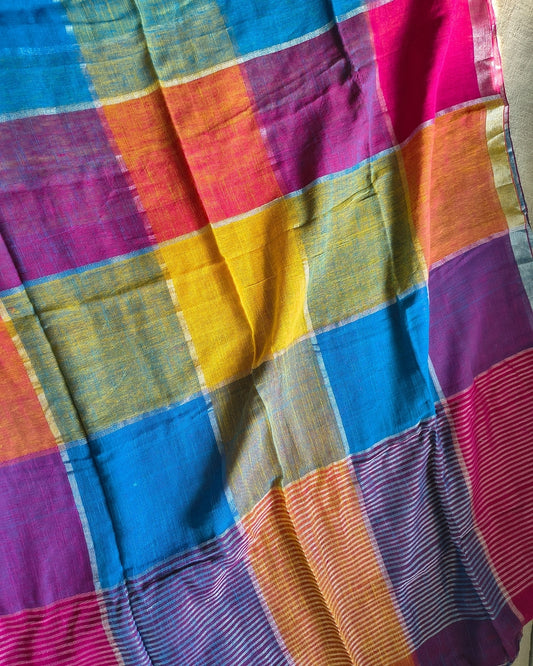 Pure Linen Cotton Handloom Saree Multicolor Checks - Blue & yellow MammaHug